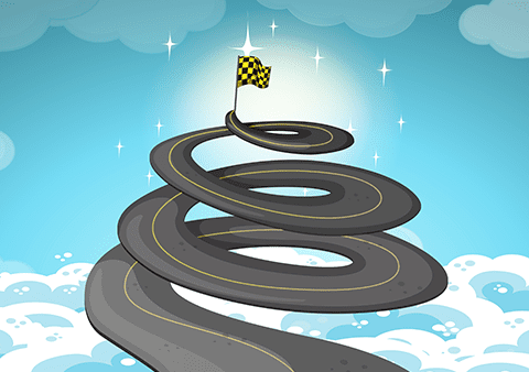 Illustration of a winding road leading to a finish flag
