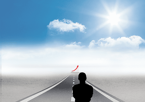 Illustration of a person looking toward an open road and bright sky