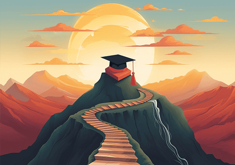 Illustration of a graduate following a path toward a sunrise